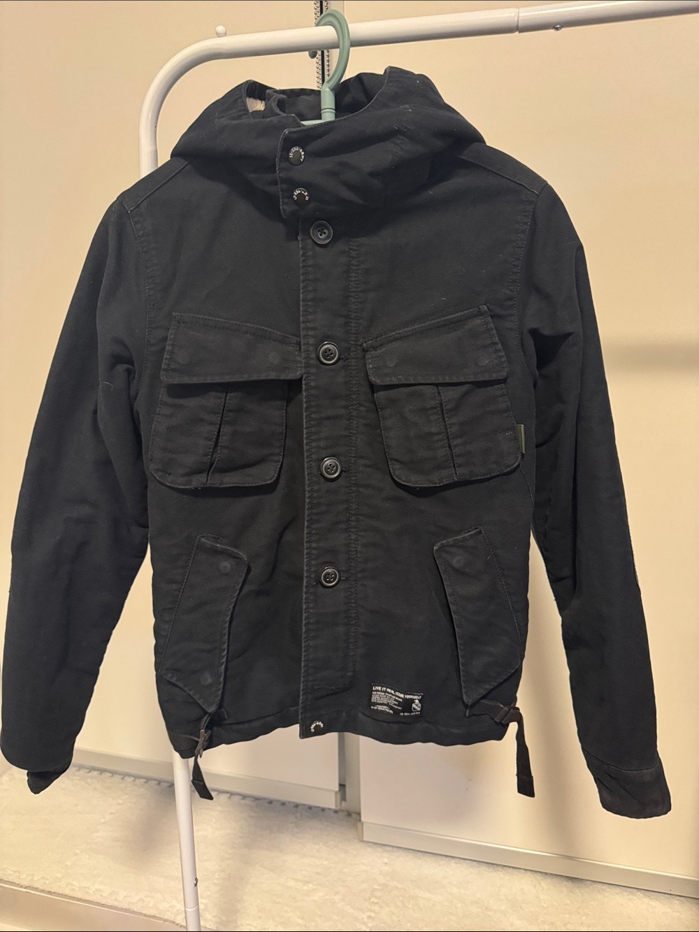 Black Hooded Military Field Jacket with Utility Pockets